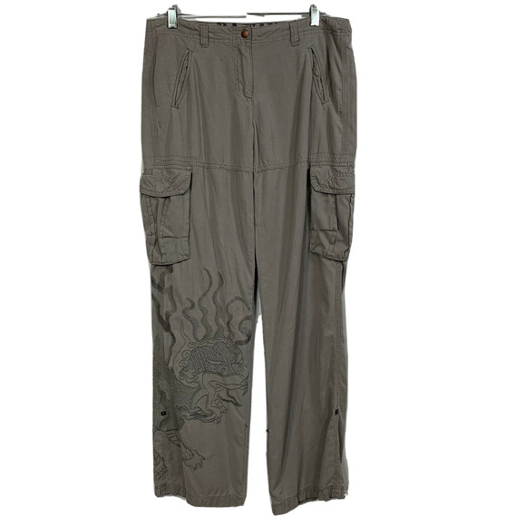 Da-Nang Pants Womens Sz M Gray Silk Blend‎ Embroidered Dragon Cargo Roll Hem - Picture 1 of 16